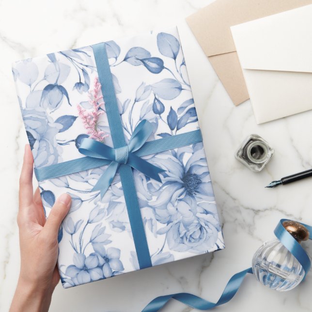 Blå och vita ponenter och Blommar Vattenfärg Presentpapper (Gifting)