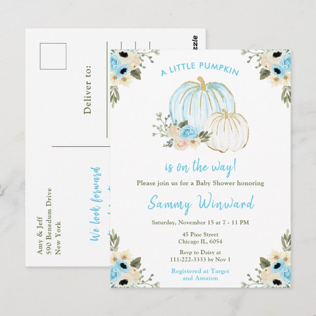 Blå och vita pumpor Baby Shower Vykort (Fram/baksida)