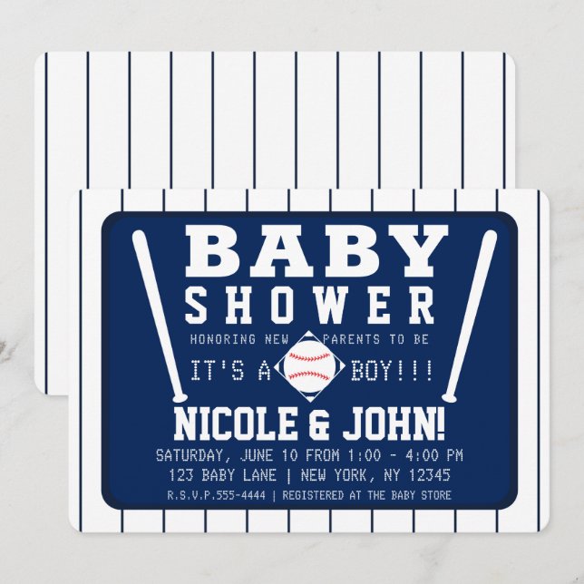 Blå och vita randiga baseboll baby shower inbjudningar (Fram/baksida)