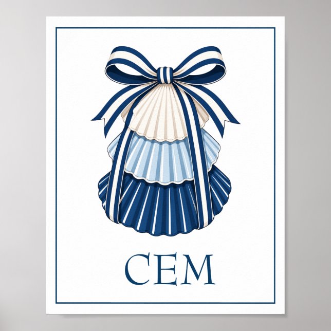 Blå och vita snäckor och band Monogram Poster (Framsidan)