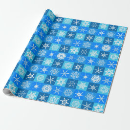 Blå och vita snöflingor Rutigt mönster Presentpapper