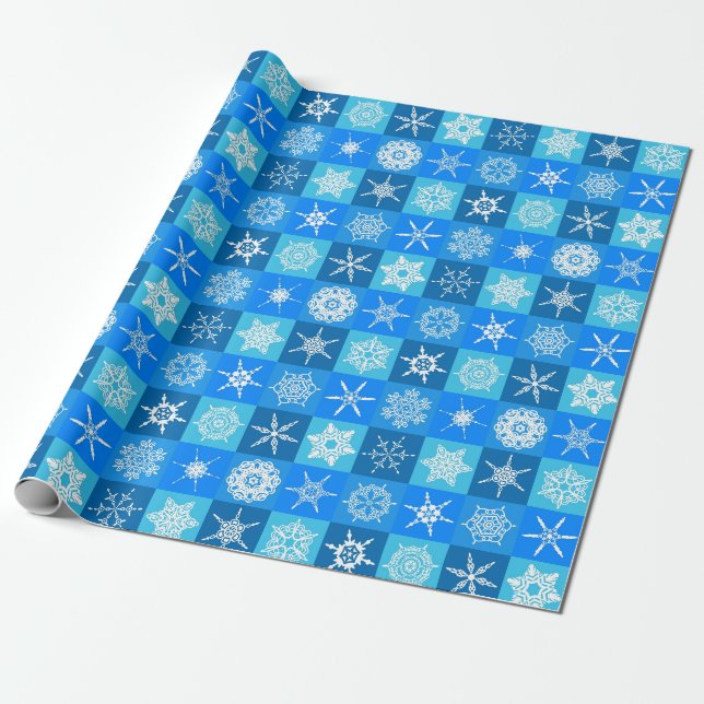 Blå och vita snöflingor Rutigt mönster Presentpapper (Utrullad)