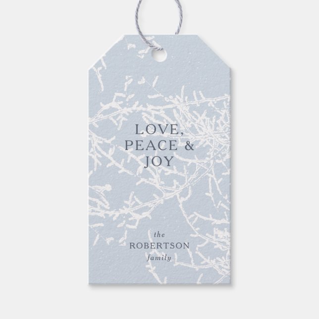 Blå och Vita Snowy Grenar Helgdag Presentetikett (Framsidan)