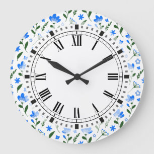 Blå och vita sommarblommor Retro Kitchen Stor Klocka
