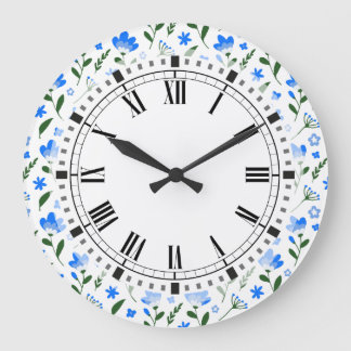 Blå och vita sommarblommor Retro Kitchen Stor Klocka