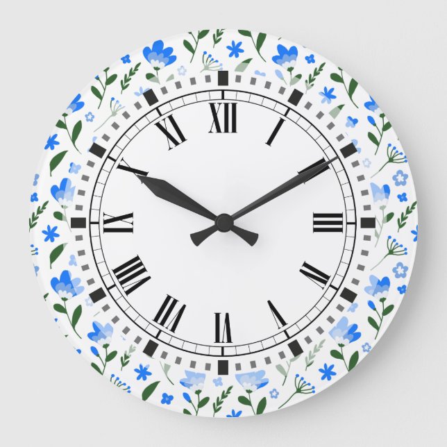 Blå och vita sommarblommor Retro Kitchen Stor Klocka (Framsida)