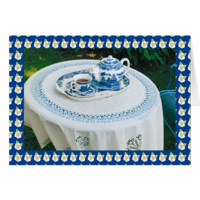 Blå och vita tea-tidblommor hälsningskort (Framsidan Horizontal)
