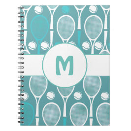 Blå och vita tennis-racketar Bollar Player Namn Cu Anteckningsbok