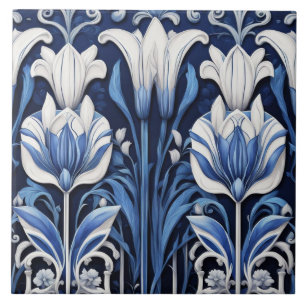 Blå och vita tulpaner Art Deco Art nouveau Flowers Kakelplatta
