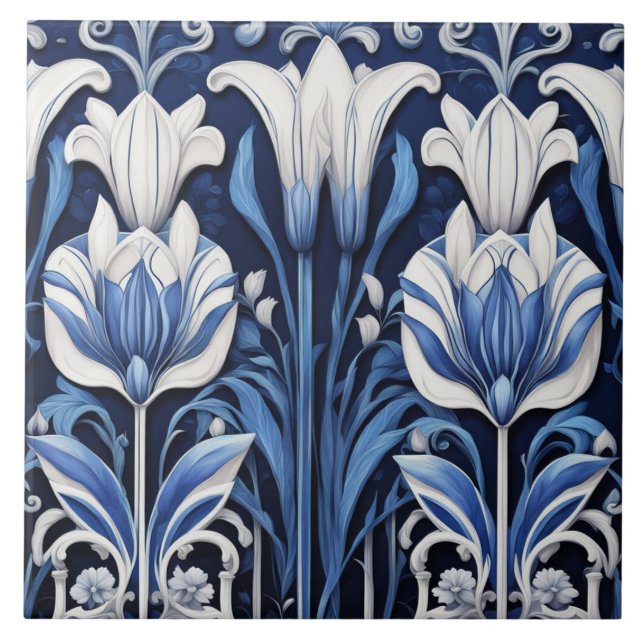 Blå och vita tulpaner Art Deco Art nouveau Flowers Kakelplatta (Framsidan)