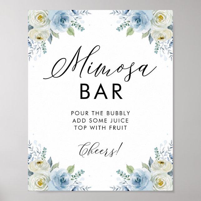 Blå och Vita Vattenfärgblommor Mimosa Bar Poster (Framsidan)
