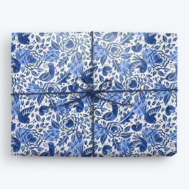Blå och vita vattenfärger Fåglar, Nests och Hearte Presentpapper