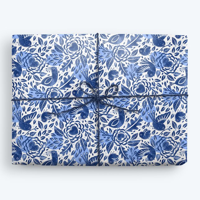Blå och vita vattenfärger Fåglar, Nests och Hearte Presentpapper (Skapare uppladdad)