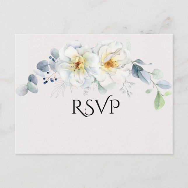 Blå och vita vattenfärgsblommor vykort (Framsida)