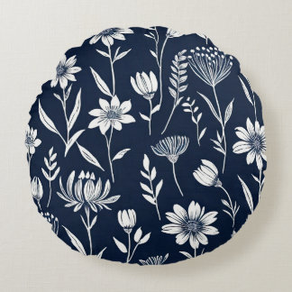 Blå och vita vilda blommor - Blockutskrift stil Rund Kudde