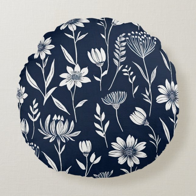 Blå och vita vilda blommor - Blockutskrift stil Rund Kudde (Framsidan)