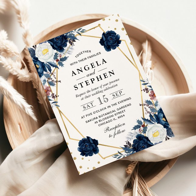 Blå och vita vinterblommor Guld Ram Bröllop Inbjudningar (Skapare uppladdad)