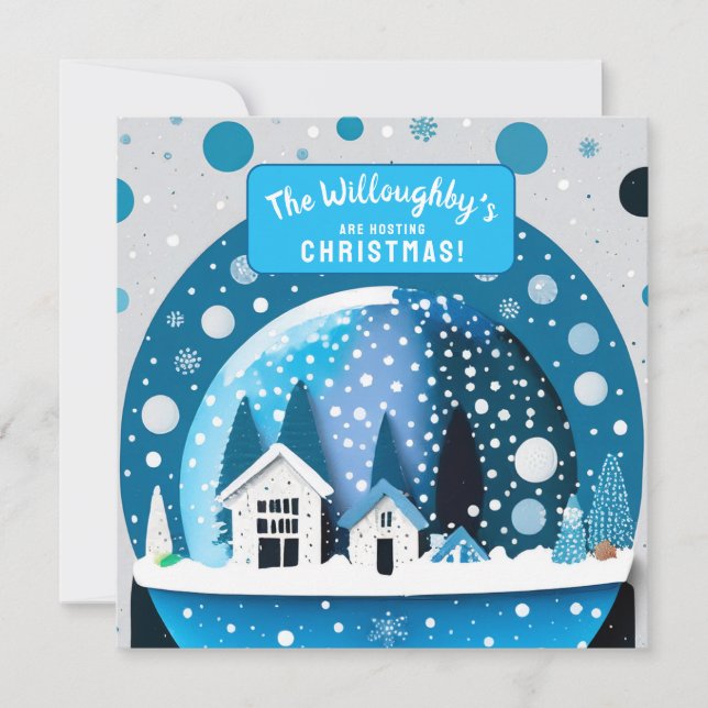 Blå och Vita Vinterstugor Snöglob Snöklot Spara Datumet (Framsida)