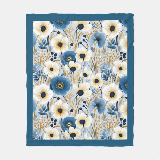 Blå och vita Wildblommor Fleece Blanket (Framsidan)
