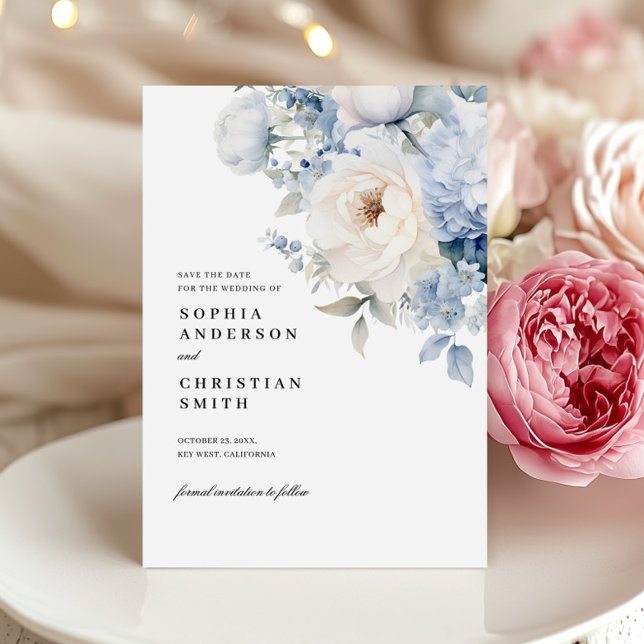 Blå- och vitblommor, Bröllop spara datum-kort Inbjudningar (Skapare uppladdad)