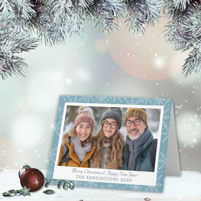 Blå och vitt snöflingat-foto-kort för Helgdag Kort (Skapare uppladdad)