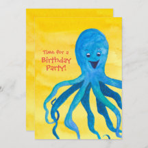 Blå Octopus Födelsedagsfest inbjudan