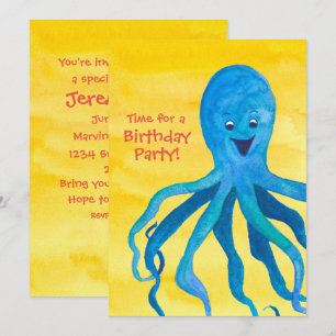 Blå Octopus Födelsedagsfest inbjudan