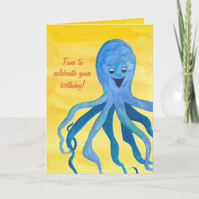 Blå Octopus Grattis på födelsedagen Kort (Framsida)