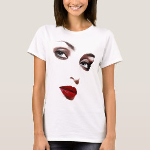 Blå ögon-kvinnor ansikte röd läppar makeup kon t shirt