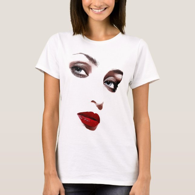 Blå ögon-kvinnor ansikte röd läppar makeup konst t shirt (Framsida)