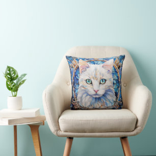 Blå ögon Vit Katt Glasmosaik Stil Kudde