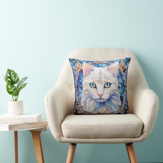 Blå ögon Vit Katt Glasmosaik Stil Kudde (Stol)