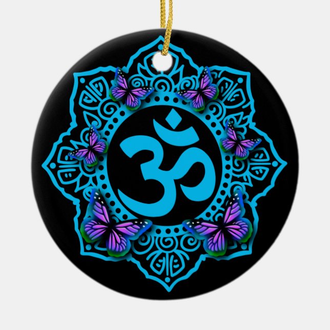 Blå ohm mandala-design med lila fjärilar julgransprydnad keramik (Framsidan)