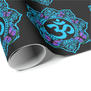 Blå ohm mandala-design med lila fjärilar presentpapper