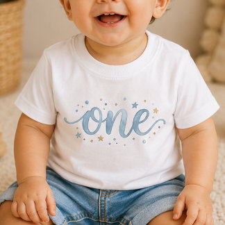 Blå One Watercolor 1:a födelsedagsbaby T-shirt