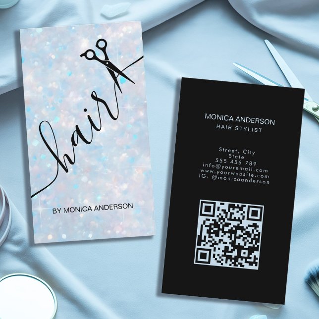 Blå Opal Glitter Hår Script Sax QR-kod Visitkort (Blue Opal Glitter Hair Script Scissors QR Code Business Card)
