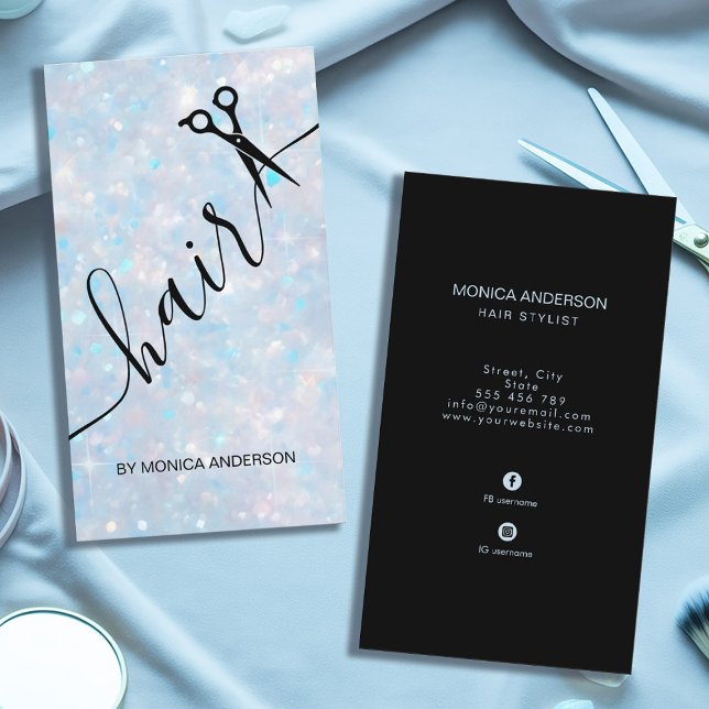 Blå Opal Glitter Hår Script Sax QR-kod Visitkort (Blue Opal Glitter Hair Script Scissors QR Code Business Card)