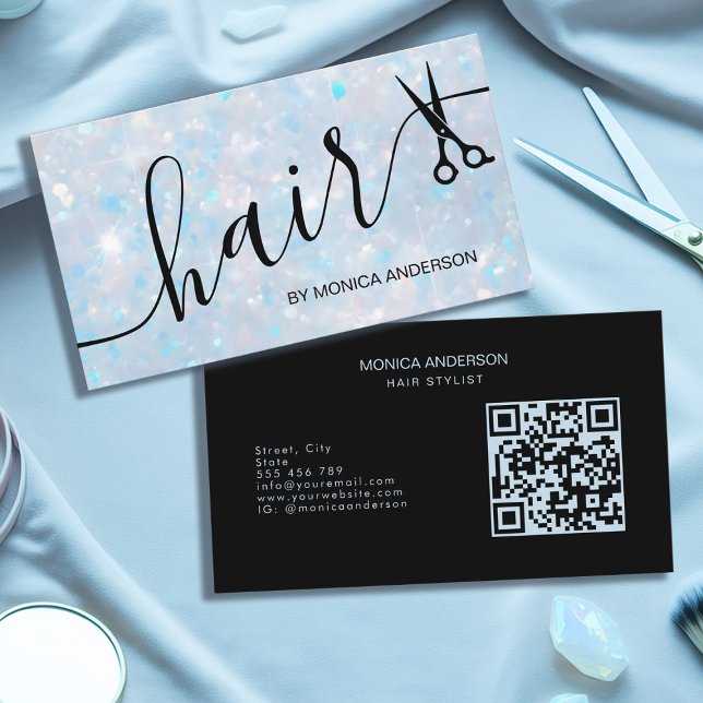 Blå Opal Glitter Hår Script Sax QR-kod Visitkort (Blue Opal Glitter Hair Script Scissors QR Code Business Card)