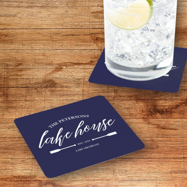 Blå öra i Kustflottan i Sjö Underlägg Papper Kvadrat (Lake House Custom Coasters Family Name Rental Property Navy Blue Oar Nautical Rustic Coastal)
