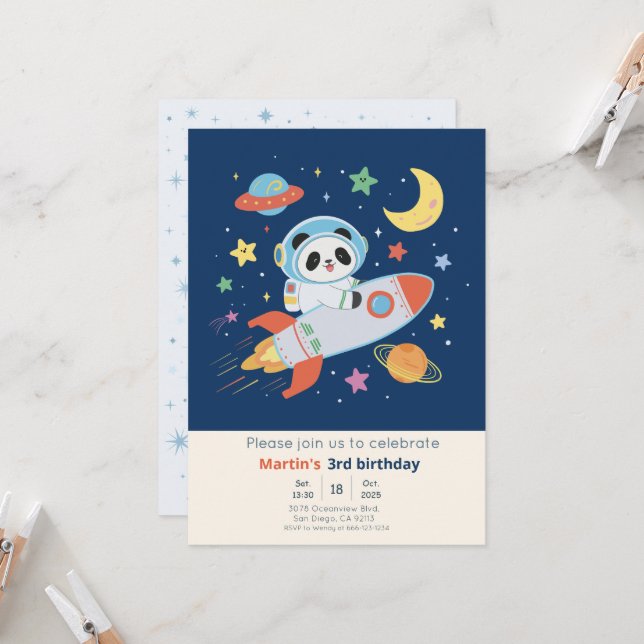 blå-orange astronautpanda inbjudningar (Fram/Back In Situ)