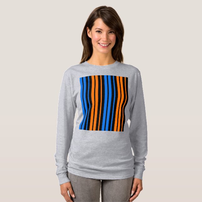 Blå Orange Blå Vertikalt Randigt Mönster   T Shirt (Hel framsida)