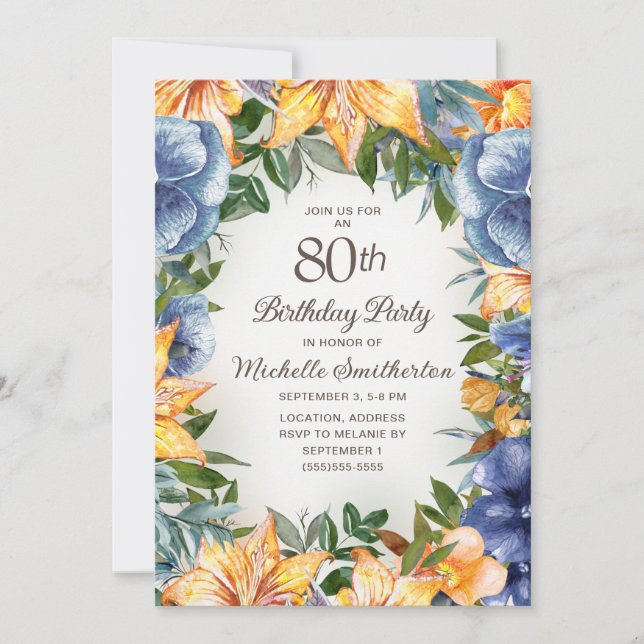 Blå Orange Blommig 80-årsdag Inbjudningar (Framsida)