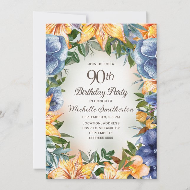 Blå Orange Blommig 90-årsdag Inbjudningar (Framsida)