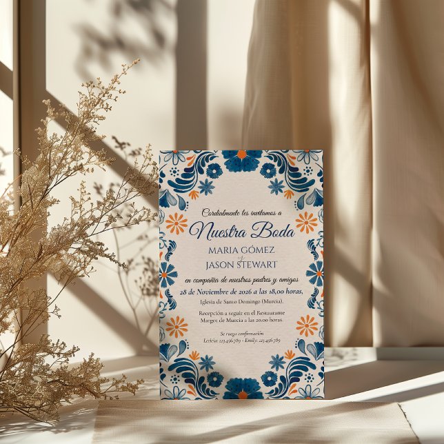 Blå Orange Blommig Elegant Fiesta Spansk Bröllop Inbjudningar (Blue Orange Floral Elegant Fiesta Spanish Wedding Invitation)