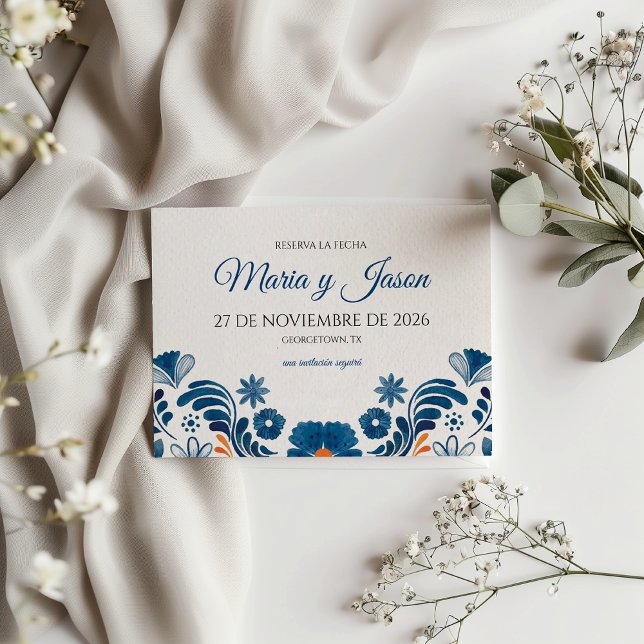 Blå Orange Blommig Elegant Fiesta Spansk Bröllop Spara Datumet (Blue Orange Floral Elegant Fiesta Spanish Wedding Save The Date)