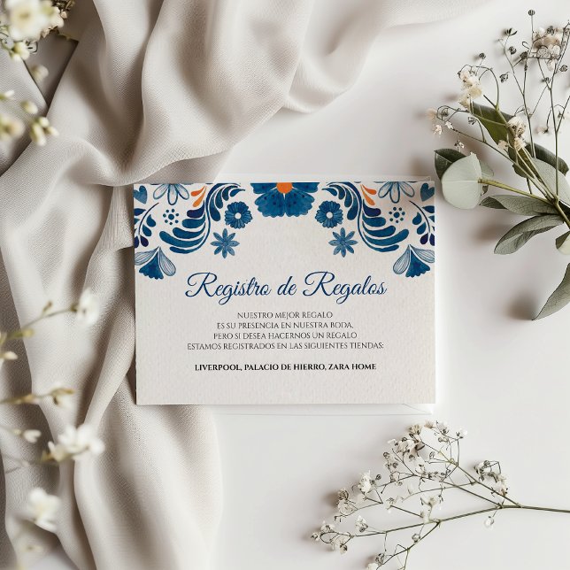 Blå Orange Blommig Elegant Fiesta Spansk Bröllop Tilläggskort (Blue Orange Floral Elegant Fiesta Spanish Wedding Enclosure Card)
