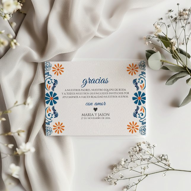 Blå Orange Blommig Elegant Fiesta Spansk Bröllopsd Tack Kort (Blue Orange Floral Elegant Fiesta Spanish Wedding Thank You Card)