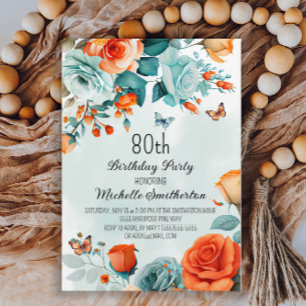 Blå Orange Blommiga Fjärilar 80-årsdag Inbjudningar