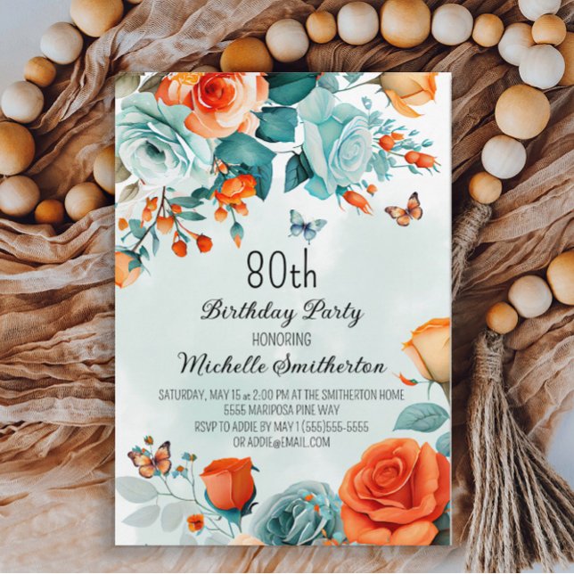 Blå Orange Blommiga Fjärilar 80-årsdag Inbjudningar (Skapare uppladdad)