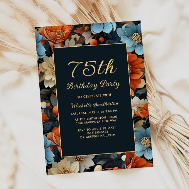 Blå Orange Blommor Alla Åldrar 75-årsdag Inbjudningar (Blue and orange floral 75th birthday party invitation)